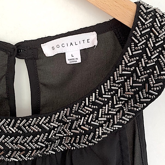 SOCIALITE Beaded Halter Top Size Large Black Sheer Chiffon Sleeveless Fairy Goth - Picture 2 of 13